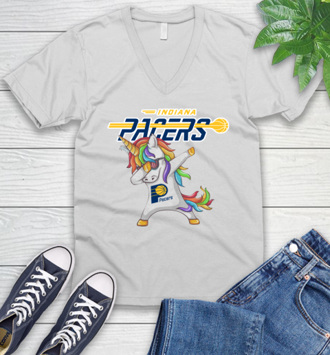 Indiana Pacers NBA Basketball Funny Unicorn Dabbing Sports V-Neck T-Shirt