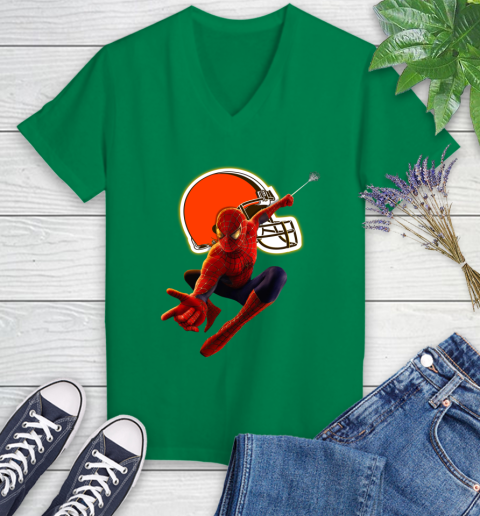 NFL Spider Man Avengers Endgame Football Cleveland Browns Women's V-Neck T-Shirt 5