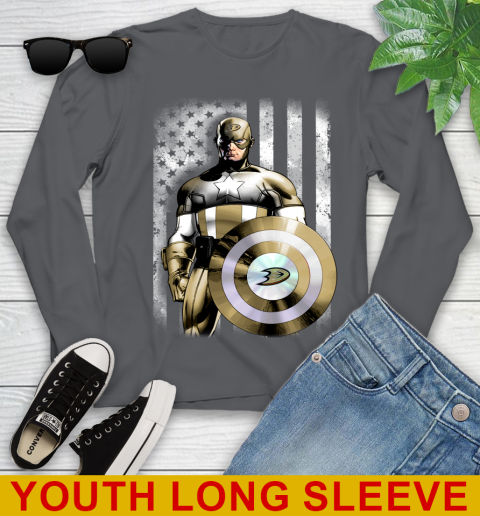 Anaheim Ducks NHL Hockey Captain America Marvel Avengers American Flag Shirt Youth Long Sleeve 9