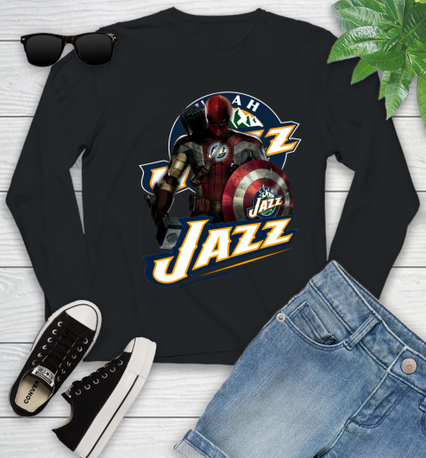 Utah Jazz NBA Basketball Captain America Thor Spider Man Hawkeye Avengers Youth Long Sleeve 2