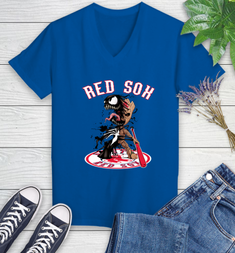 MLB Boston Red Sox Baseball Venom Groot Guardians Of The Galaxy Women's V-Neck T-Shirt 10