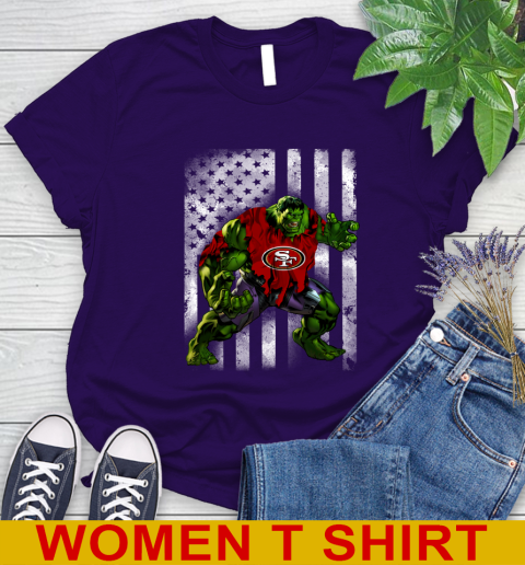 San Francisco 49ers Hulk Marvel Avengers NFL Football American Flag Women's T-Shirt 4