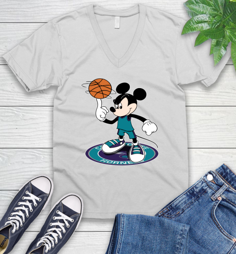 NBA Basketball Charlotte Hornets Cheerful Mickey Disney Shirt V-Neck T-Shirt 2