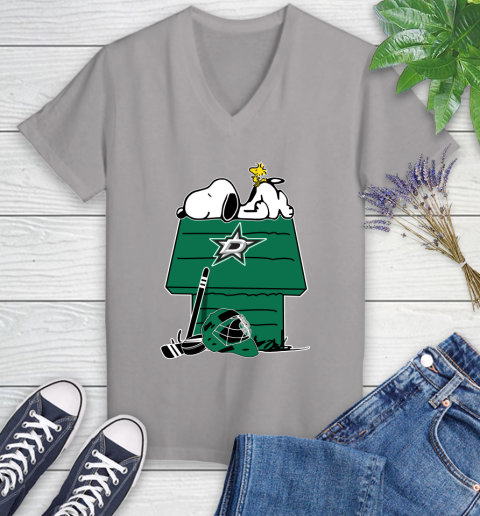 Dallas Stars NHL Hockey Snoopy Woodstock The Peanuts Movie Women's V-Neck T-Shirt 4