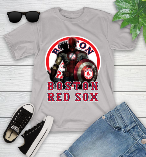 MLB Captain America Thor Spider Man Hawkeye Avengers Endgame Baseball Boston Red Sox Youth T-Shirt 12