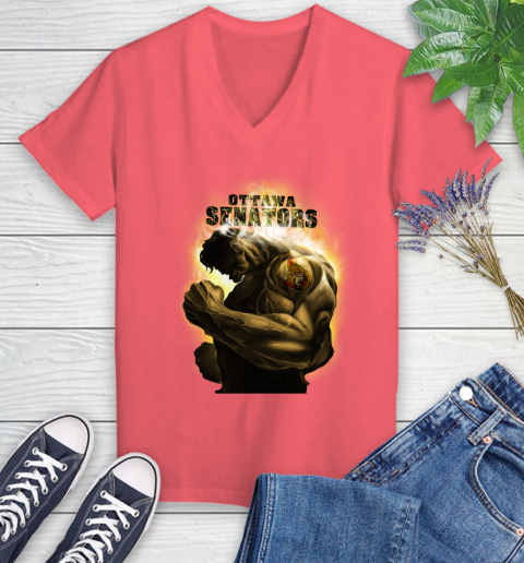 Ottawa Senators NHL Hockey Hulk Marvel Avengers Sports Women's V-Neck T-Shirt 6