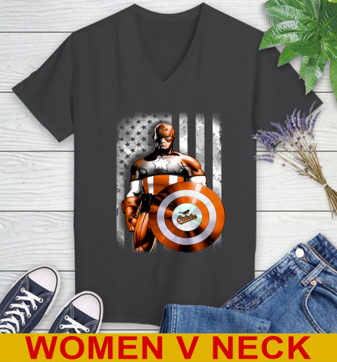 Baltimore Orioles MLB Baseball Captain America Marvel Avengers American Flag Shirt Women's V-Neck T-Shirt 8
