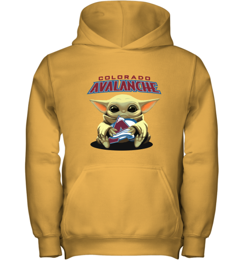 Baby Yoda Hugs The Colorado Avalanche Ice Hockey Youth Hoodie