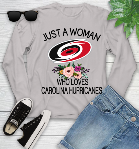 NHL Just A Woman Who Loves Carolina Hurricanes Hockey Sports Youth Long Sleeve 9
