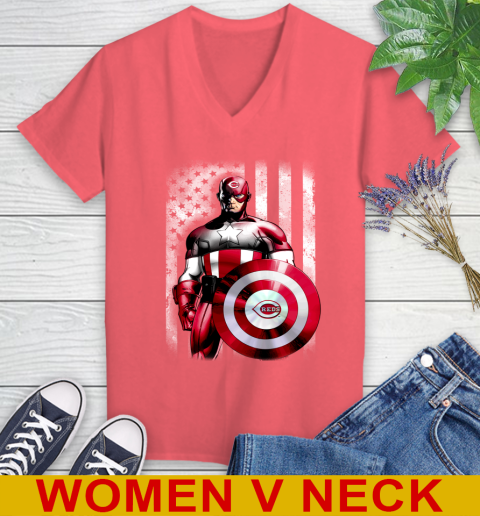 Cincinnati Reds MLB Baseball Captain America Marvel Avengers American Flag Shirt Women's V-Neck T-Shirt 6