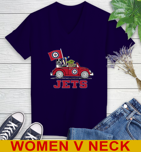 NHL Hockey Winnipeg Jets Darth Vader Baby Yoda Driving Star Wars Shirt Women's V-Neck T-Shirt 4