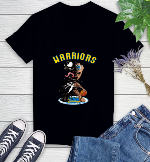 NBA Golden State Warriors Basketball Venom Groot Guardians Of The Galaxy Women's V-Neck T-Shirt 2