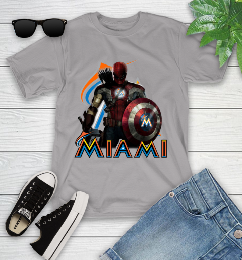 MLB Captain America Thor Spider Man Hawkeye Avengers Endgame Baseball Miami Marlins Youth T-Shirt 4