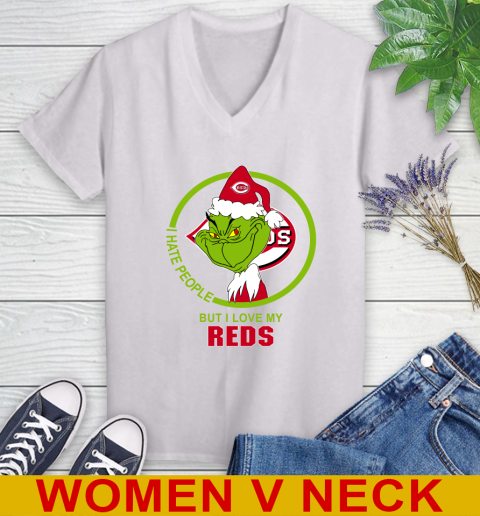Cincinnati Reds MLB Christmas Grinch I Hate People But I Love My Favorite Baseball Team Women's V-Neck T-Shirt
