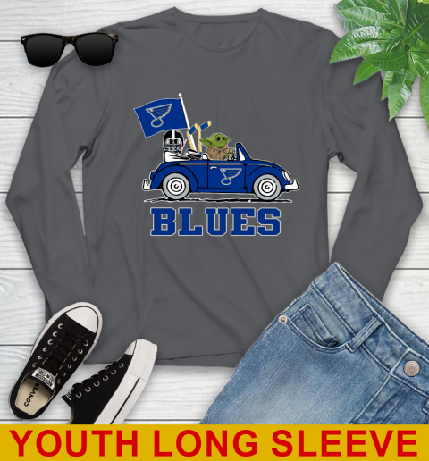 NHL Hockey St.Louis Blues Darth Vader Baby Yoda Driving Star Wars Shirt Youth Long Sleeve 9