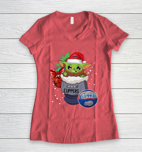 LA Clippers Christmas Baby Yoda Star Wars Funny Happy NBA Women's V-Neck T-Shirt 6