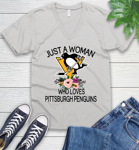 NHL Just A Woman Who Loves Pittsburgh Penguins Hockey Sports V-Neck T-Shirt