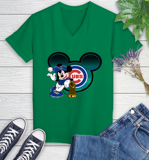 MLB Chicago Cubs The Commissioner's Trophy Mickey Mouse Disney Women's V-Neck T-Shirt 5