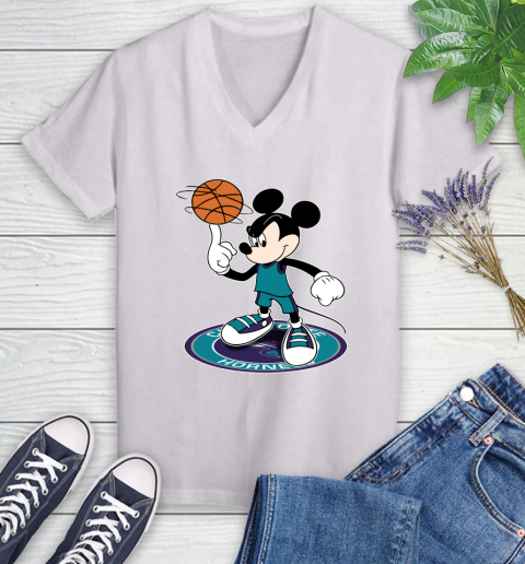 NBA Basketball Charlotte Hornets Cheerful Mickey Disney Shirt Women's V-Neck T-Shirt 2