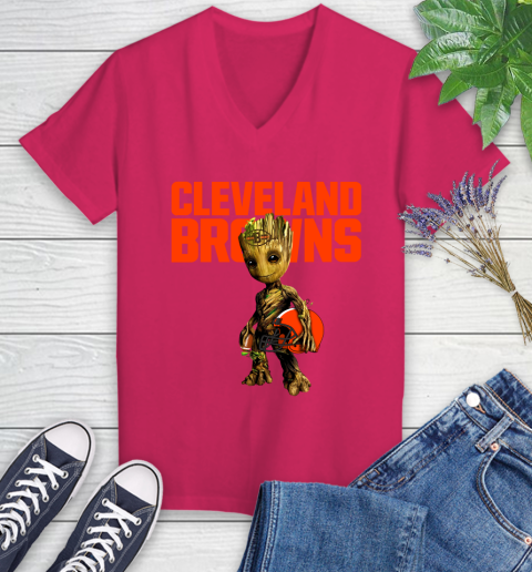 Cleveland Browns NFL Football Groot Marvel Guardians Of The Galaxy Women's V-Neck T-Shirt 9