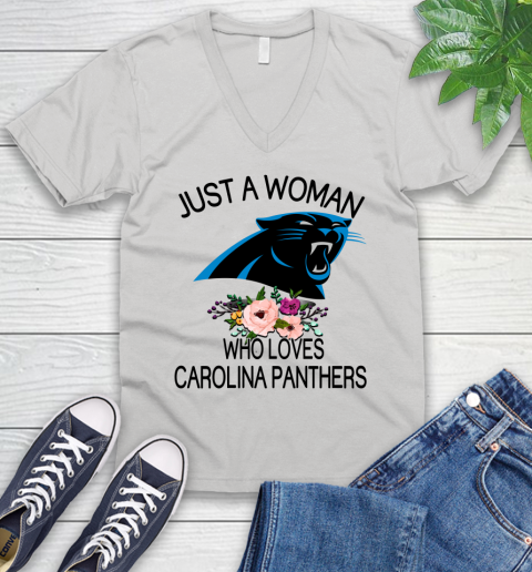 NFL Just A Woman Who Loves Carolina Panthers Football Sports V-Neck T-Shirt