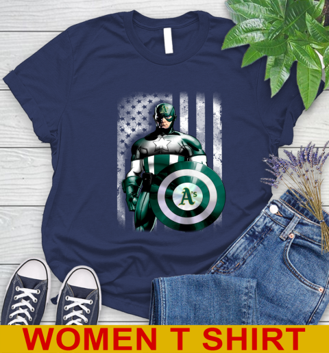 Oakland Athletics MLB Baseball Captain America Marvel Avengers American Flag Shirt Women's T-Shirt 12