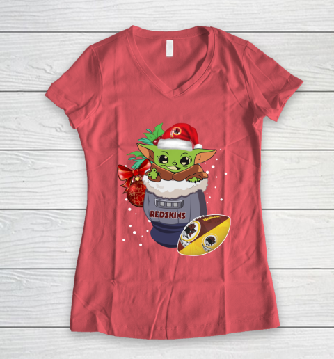 Washington Redskins Christmas Baby Yoda Star Wars Funny Happy NFL Women's V-Neck T-Shirt 6