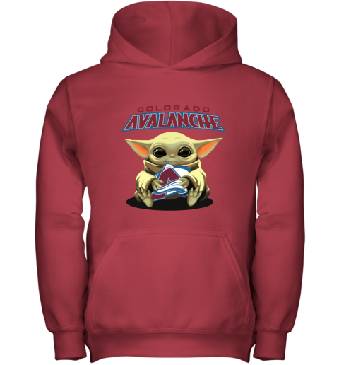 Baby Yoda Hugs The Colorado Avalanche Ice Hockey Youth Hoodie