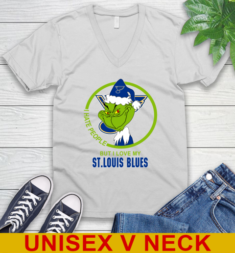 St.Louis Blues NHL Christmas Grinch I Hate People But I Love My Favorite Hockey Team V-Neck T-Shirt