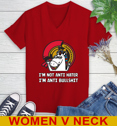 Ottawa Senators NHL Hockey Unicorn I'm Not Anti Hater I'm Anti Bullshit Women's V-Neck T-Shirt 12