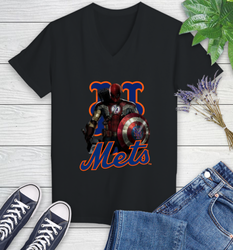 MLB Captain America Thor Spider Man Hawkeye Avengers Endgame Baseball New York Mets Women's V-Neck T-Shirt 2