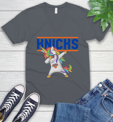 New York Knicks NBA Basketball Funny Unicorn Dabbing Sports V-Neck T-Shirt 5
