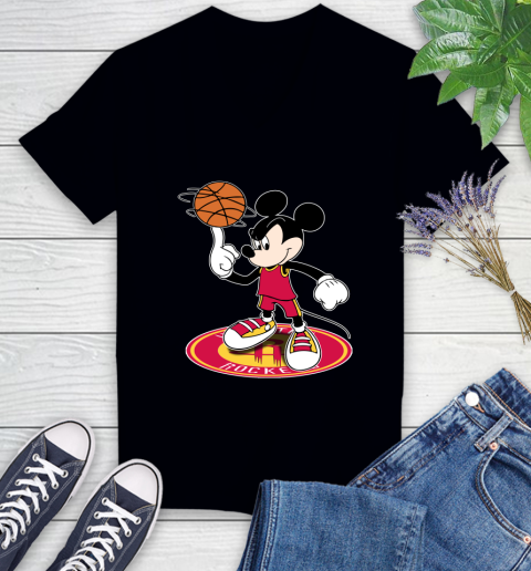 NBA Basketball Houston Rockets Cheerful Mickey Disney Shirt Women's V-Neck T-Shirt