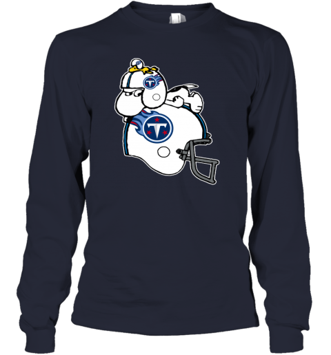 Snoopy And Woodstock Resting On Tennessee Titans Helmet pjon snoopy and woodstock resting on tennessee titans helmet youth long sleeve 50 front navy