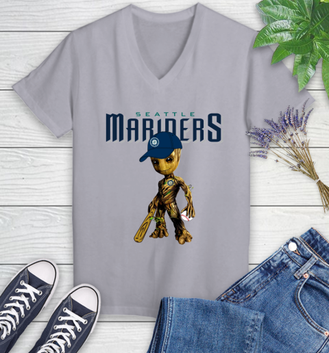 MLB Seattle Mariners Groot Guardians Of The Galaxy Baseball Women's V-Neck T-Shirt 4