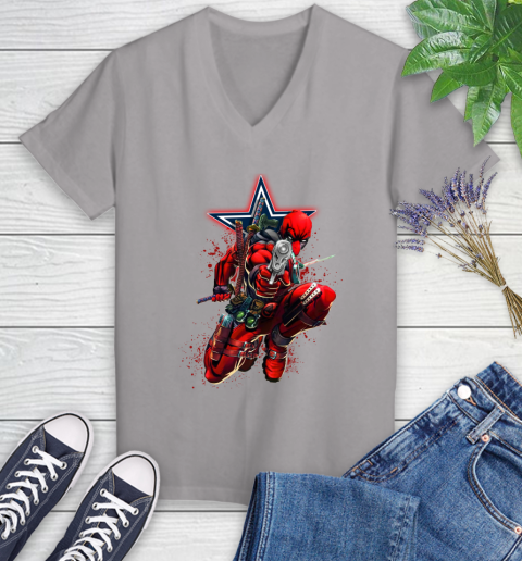 NFL Deadpool Marvel Comics Sports Football Dallas Cowboys Women's V-Neck T-Shirt 4