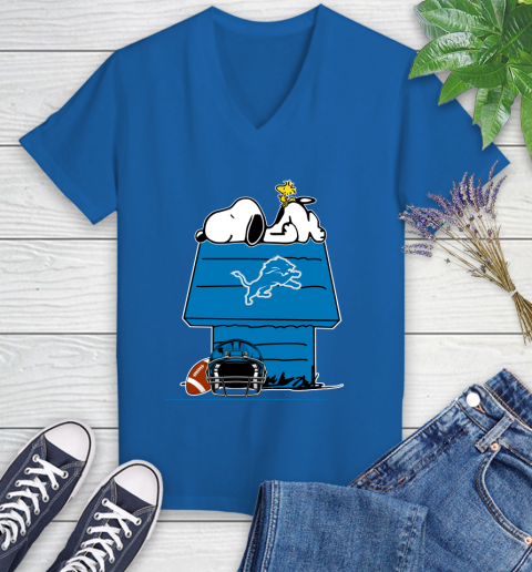 Detroit Lions NFL Football Snoopy Woodstock The Peanuts Movie Women's V-Neck T-Shirt 10
