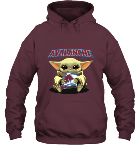 Baby Yoda Hugs The Colorado Avalanche Ice Hockey Hoodie