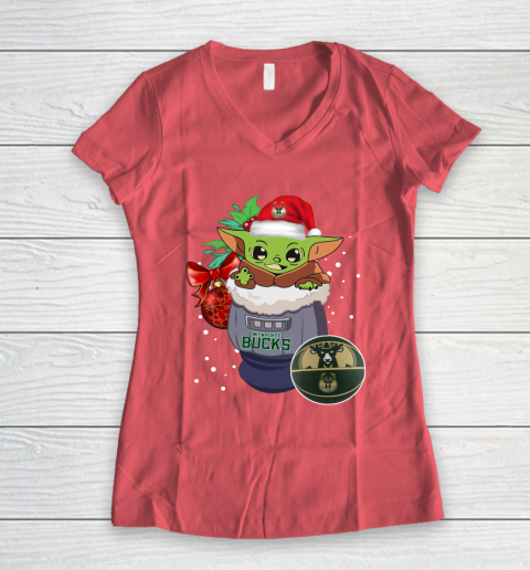 Milwaukee Bucks Christmas Baby Yoda Star Wars Funny Happy NBA Women's V-Neck T-Shirt 6