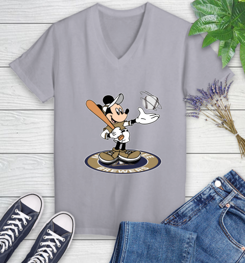 MLB Baseball Milwaukee Brewers Cheerful Mickey Disney Shirt Women's V-Neck T-Shirt 4