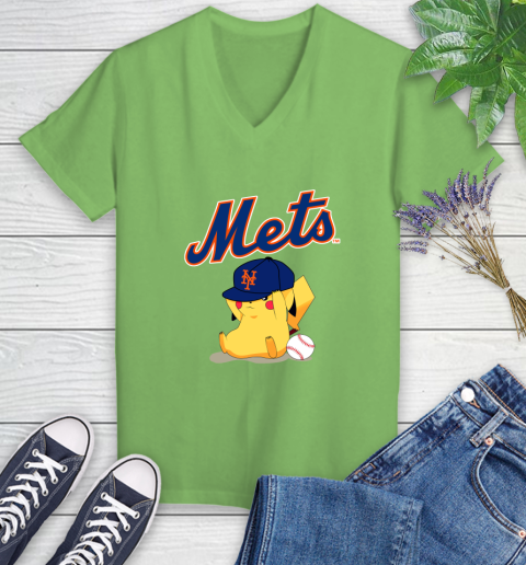 MLB Pikachu Baseball Sports New York Mets Women's V-Neck T-Shirt 11