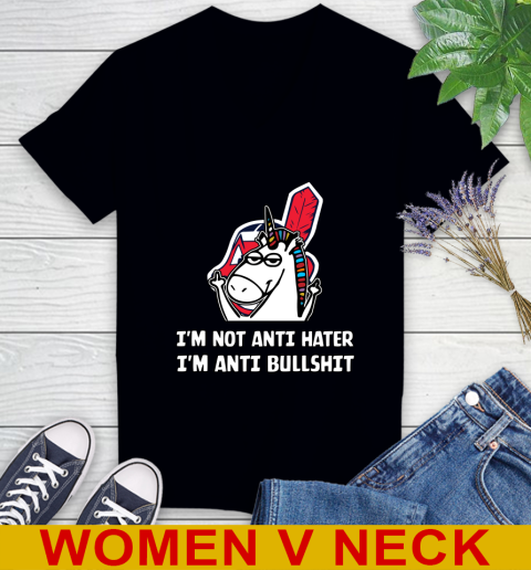 Cleveland Indians MLB Baseball Unicorn I'm Not Anti Hater I'm Anti Bullshit Women's V-Neck T-Shirt 2