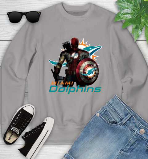 NFL Captain America Thor Spider Man Hawkeye Avengers Endgame Football Miami Dolphins Youth Sweatshirt 4