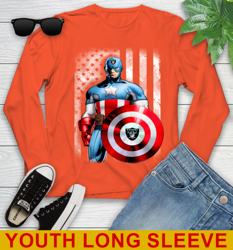Oakland Raiders NFL Football Captain America Marvel Avengers American Flag Shirt Youth Long Sleeve 3
