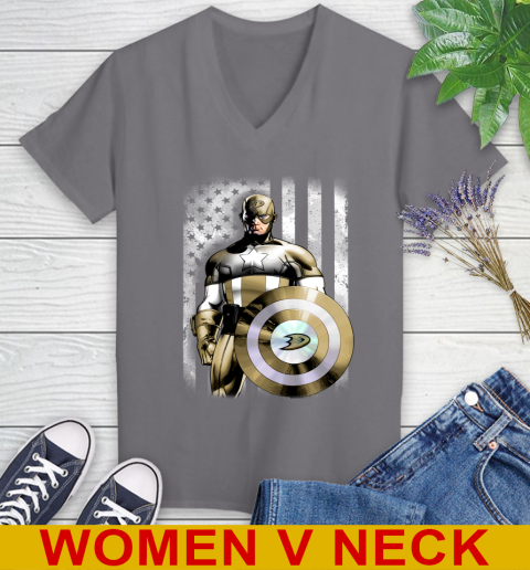 Anaheim Ducks NHL Hockey Captain America Marvel Avengers American Flag Shirt Women's V-Neck T-Shirt 11