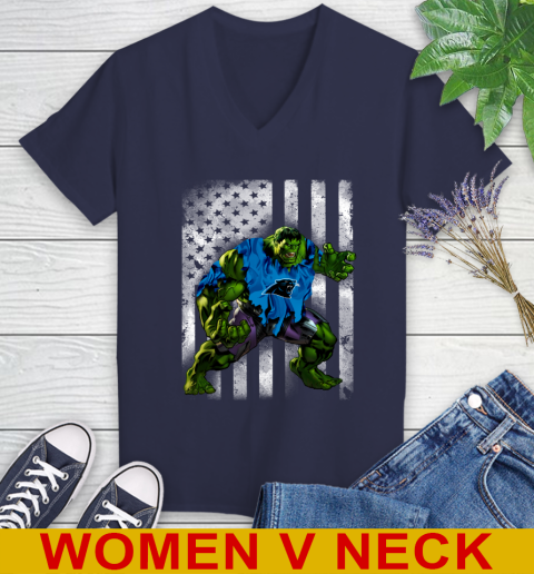 Carolina Panthers Hulk Marvel Avengers NFL Football American Flag Women's V-Neck T-Shirt 12