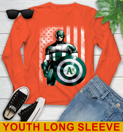 Oakland Athletics MLB Baseball Captain America Marvel Avengers American Flag Shirt Youth Long Sleeve 3