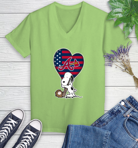 Atlanta Braves MLB Baseball The Peanuts Movie Adorable Snoopy Women's V-Neck T-Shirt 11