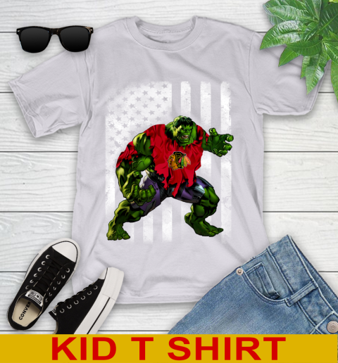 Chicago Blackhawks Hulk Marvel Avengers NHL Hockey American Flag Youth T-Shirt 4