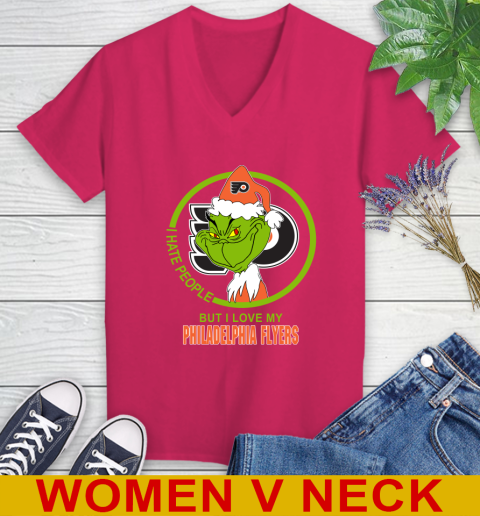 Philadelphia Flyers NHL Christmas Grinch I Hate People But I Love My Favorite Hockey Team Women's V-Neck T-Shirt 10